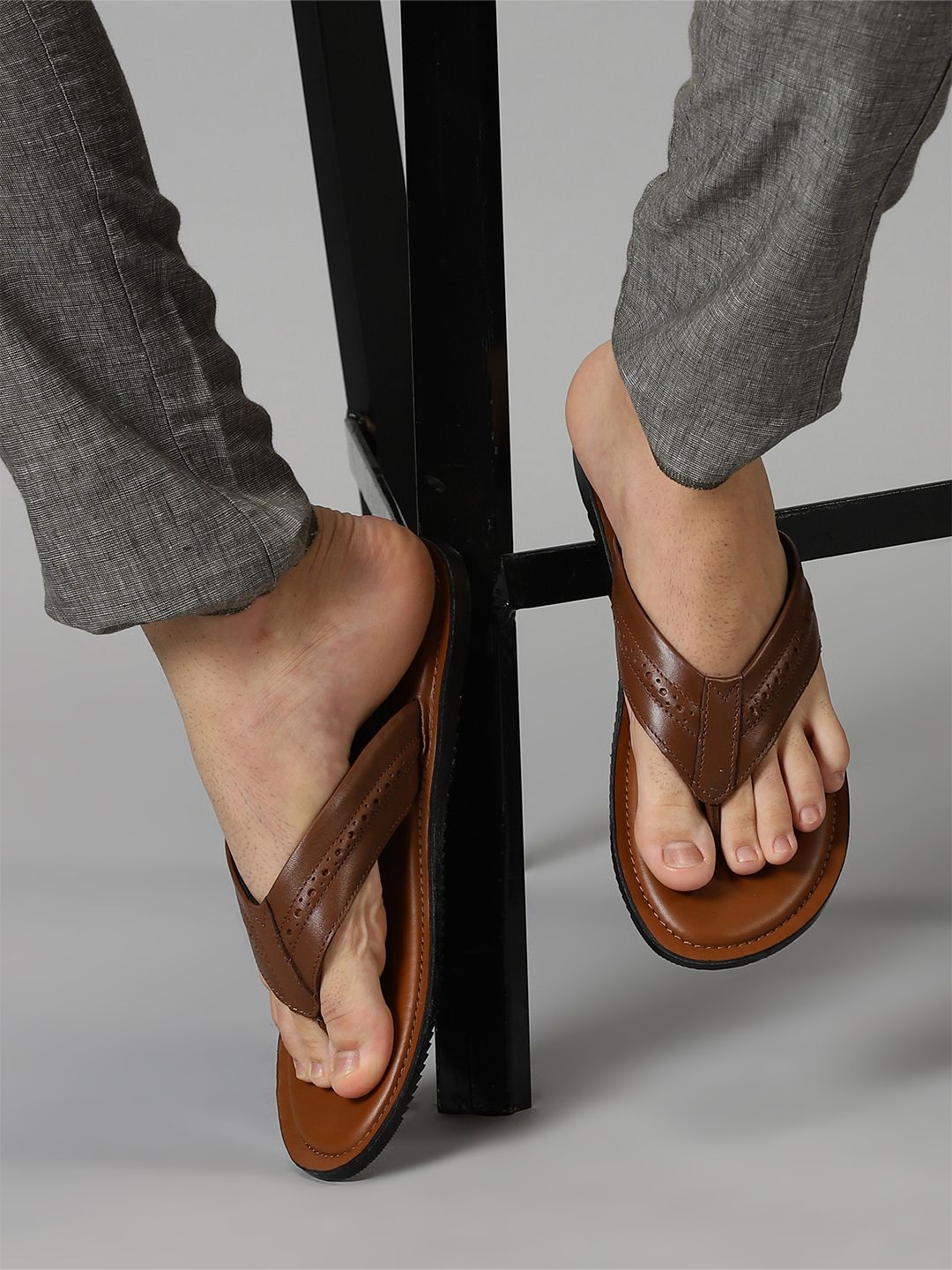 99CRAFTS Men Leather Open Toe Flats with Laser Cuts