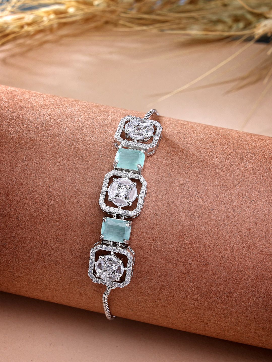 ZENEME Rhodium Plated Square shaped Sea Green AD Studded Wraparound Bracelet