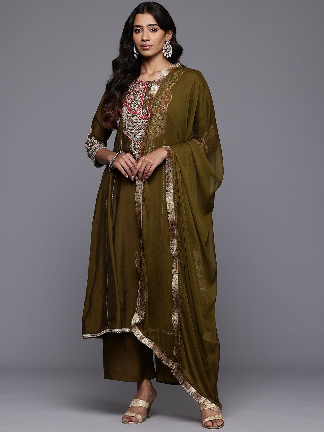 Varanga Floral Embroidered Zari Panelled Kurta With Palazzos & Dupatta