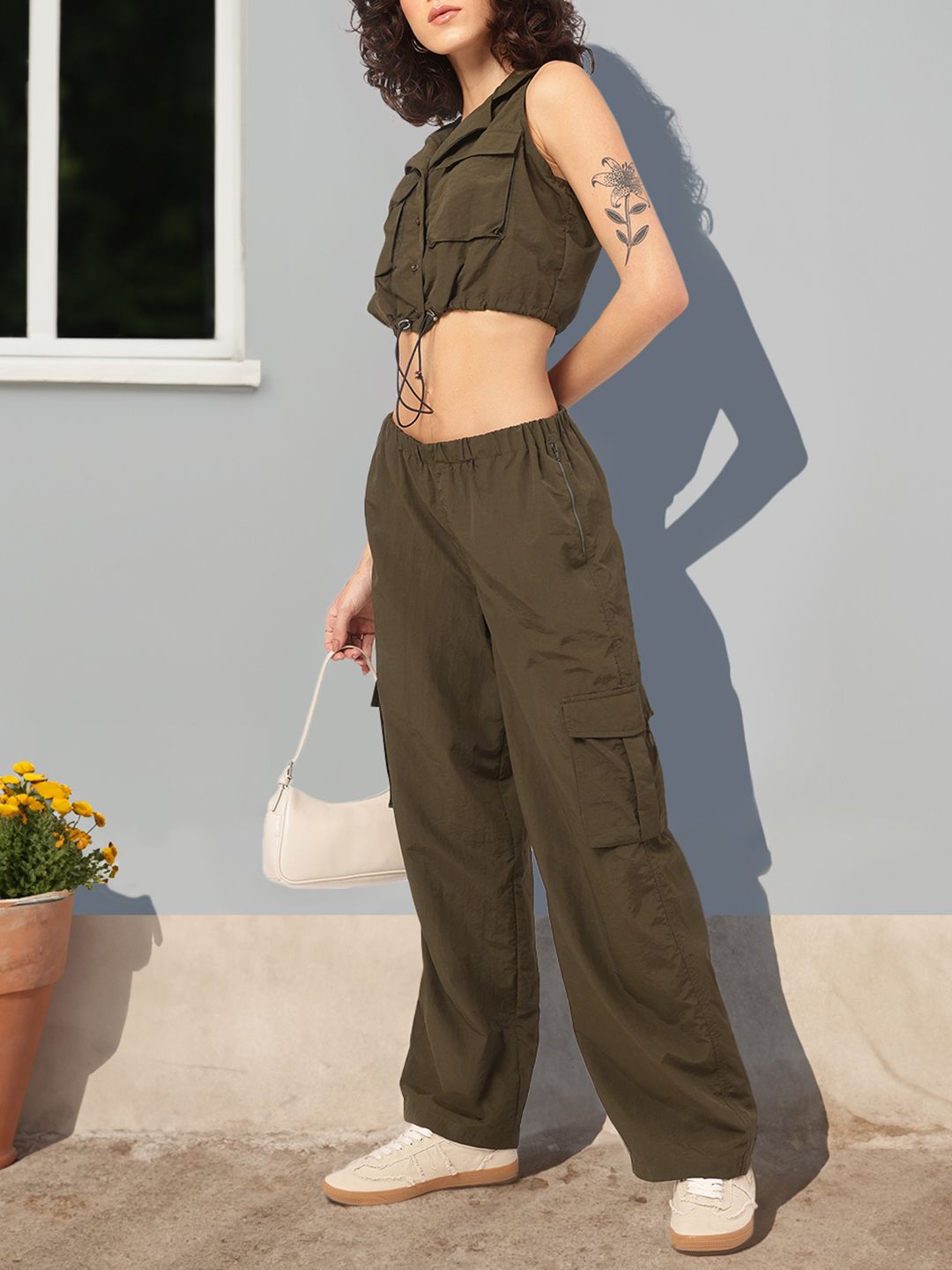 Buy DressBerry X Fwd Olive Green Crop Shirt & Trousers Co Ords -  - Apparel for Women