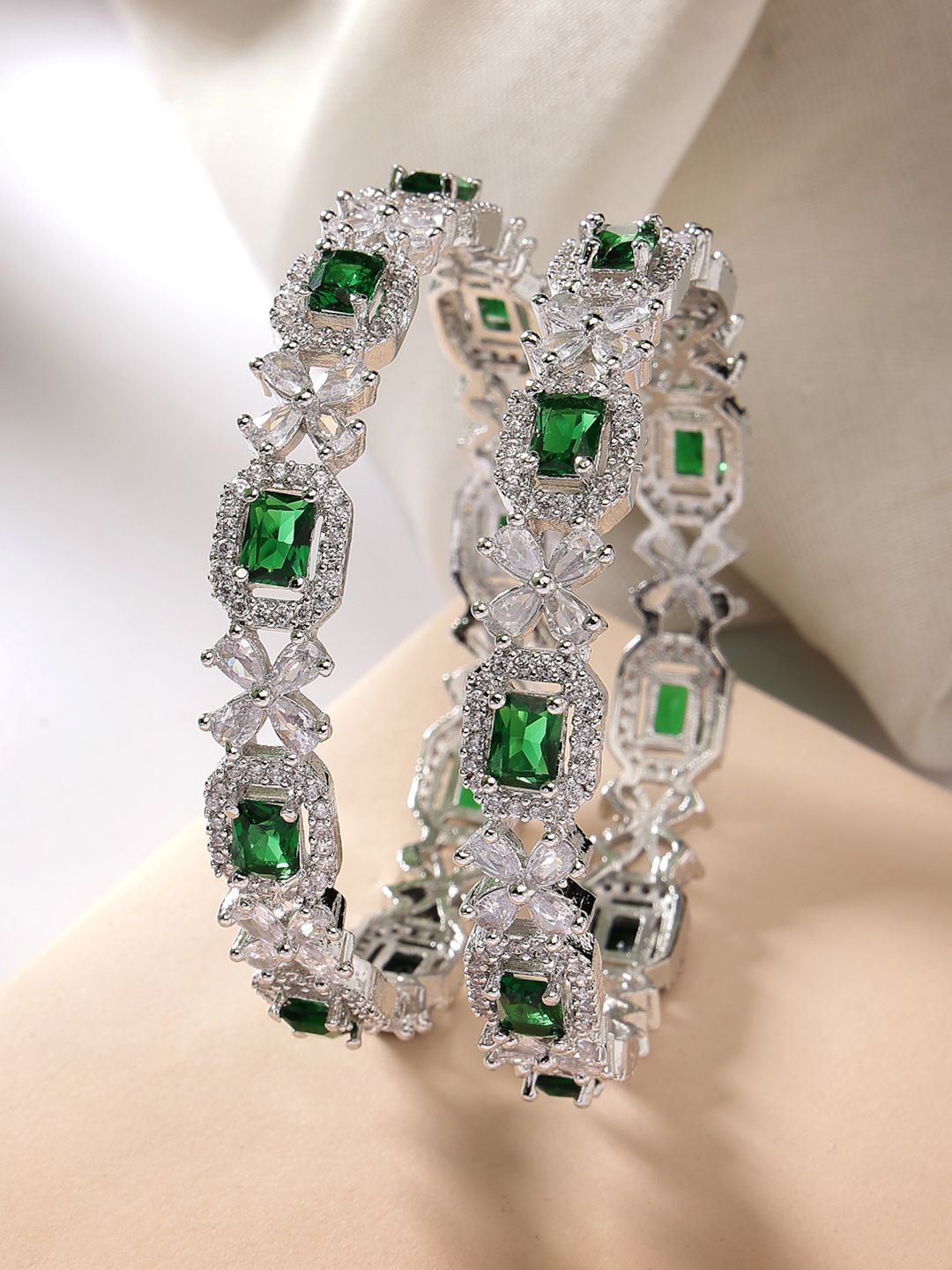 ZENEME Set Of 2 Rhodium-Plated AD-Studded Bangles