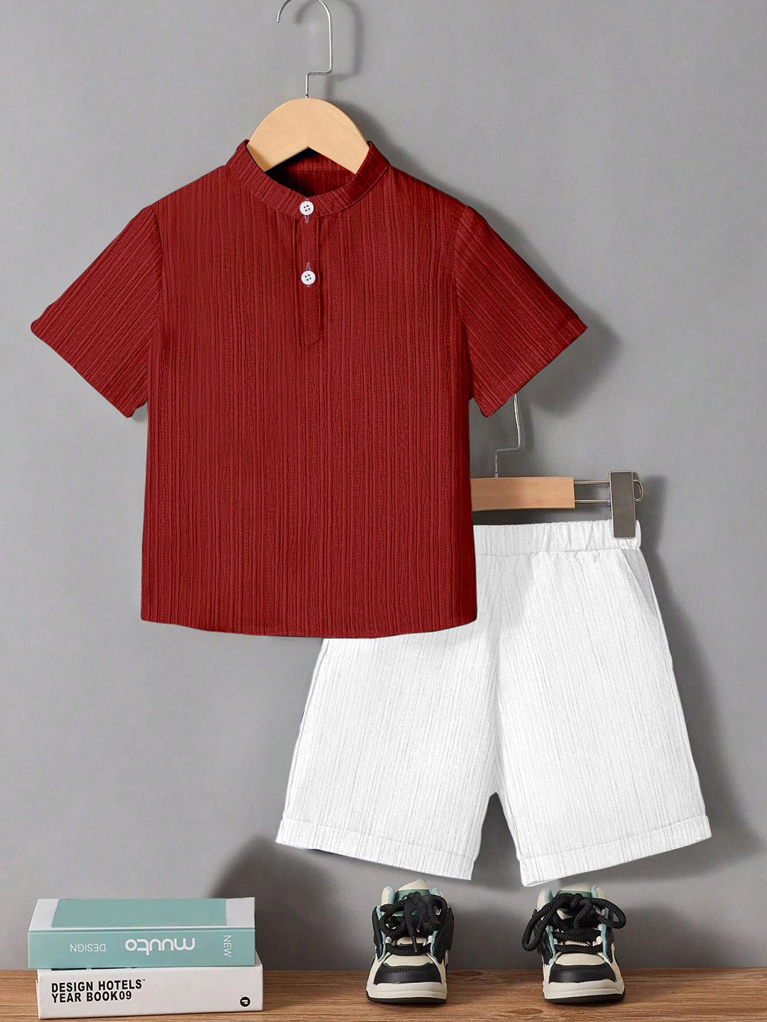 OMPAX Boys Self Design Mandarin Collar T-shirt With Short