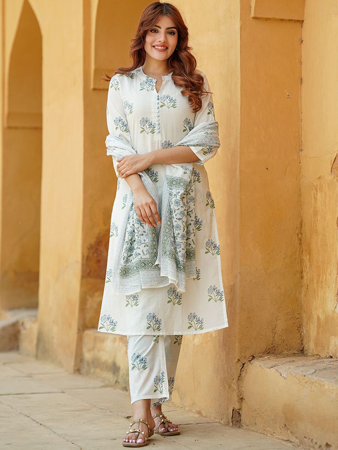 KALINI Floral Printed Mandarin Collar Pure Cotton Straight Kurta With Trousers & Dupatta