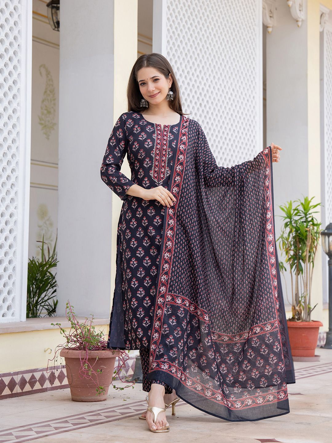 Floral Printed Round Neck Straight Kurta With Trousers & Dupatta 6