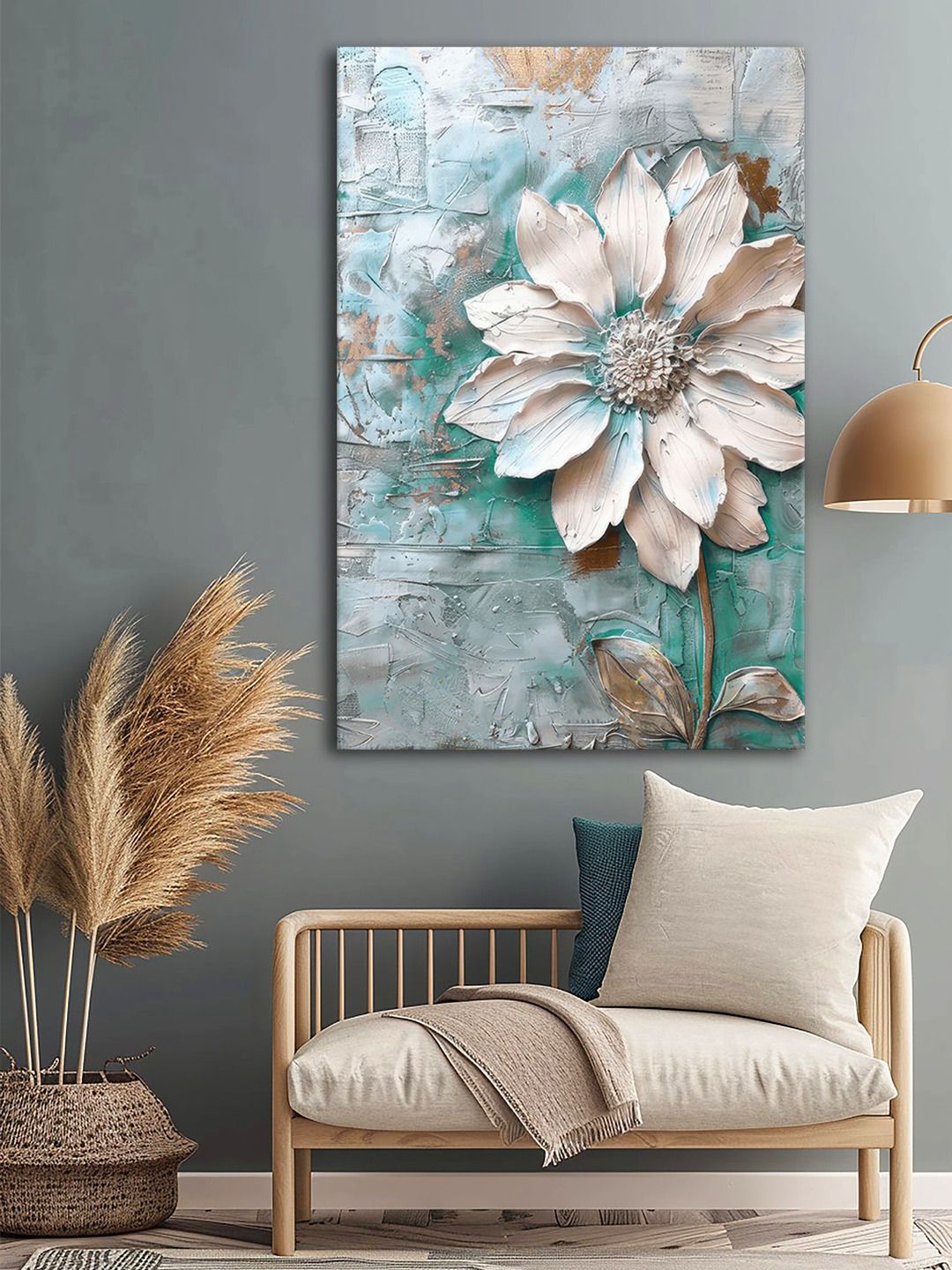 999Store Green & Cream Coloured Canvas Floral and Botanical Wall Paintings