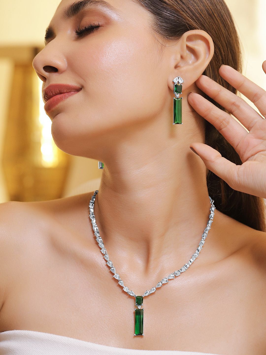Buy Rubans Rhodium Plated Emerald & Cubic Zirconia Studded Jewellery Set -  - Accessories for Women