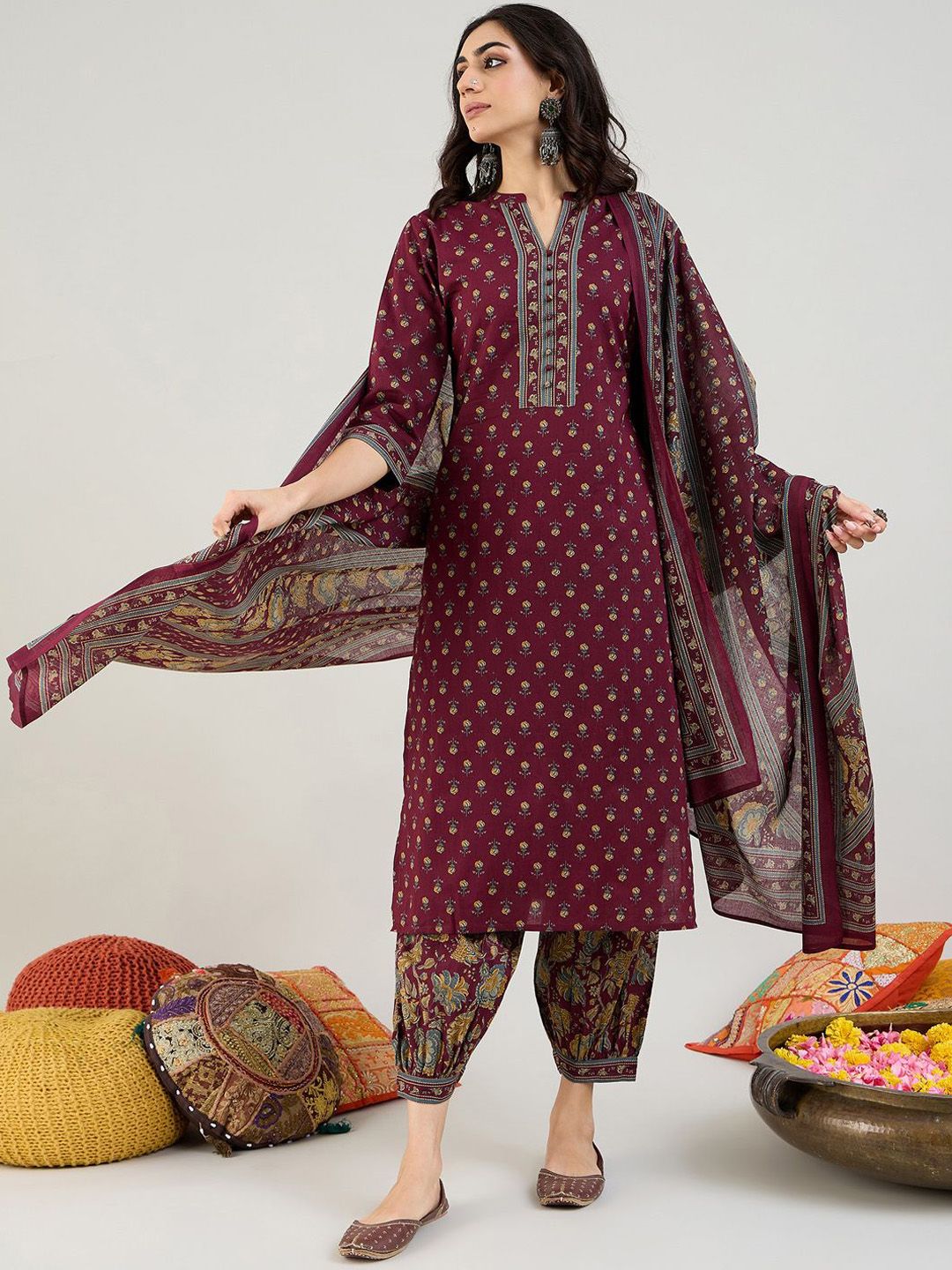 Burgundy Floral Printed Mandarin Collar Pure Cotton Kurta with Salwar & Dupatta 7