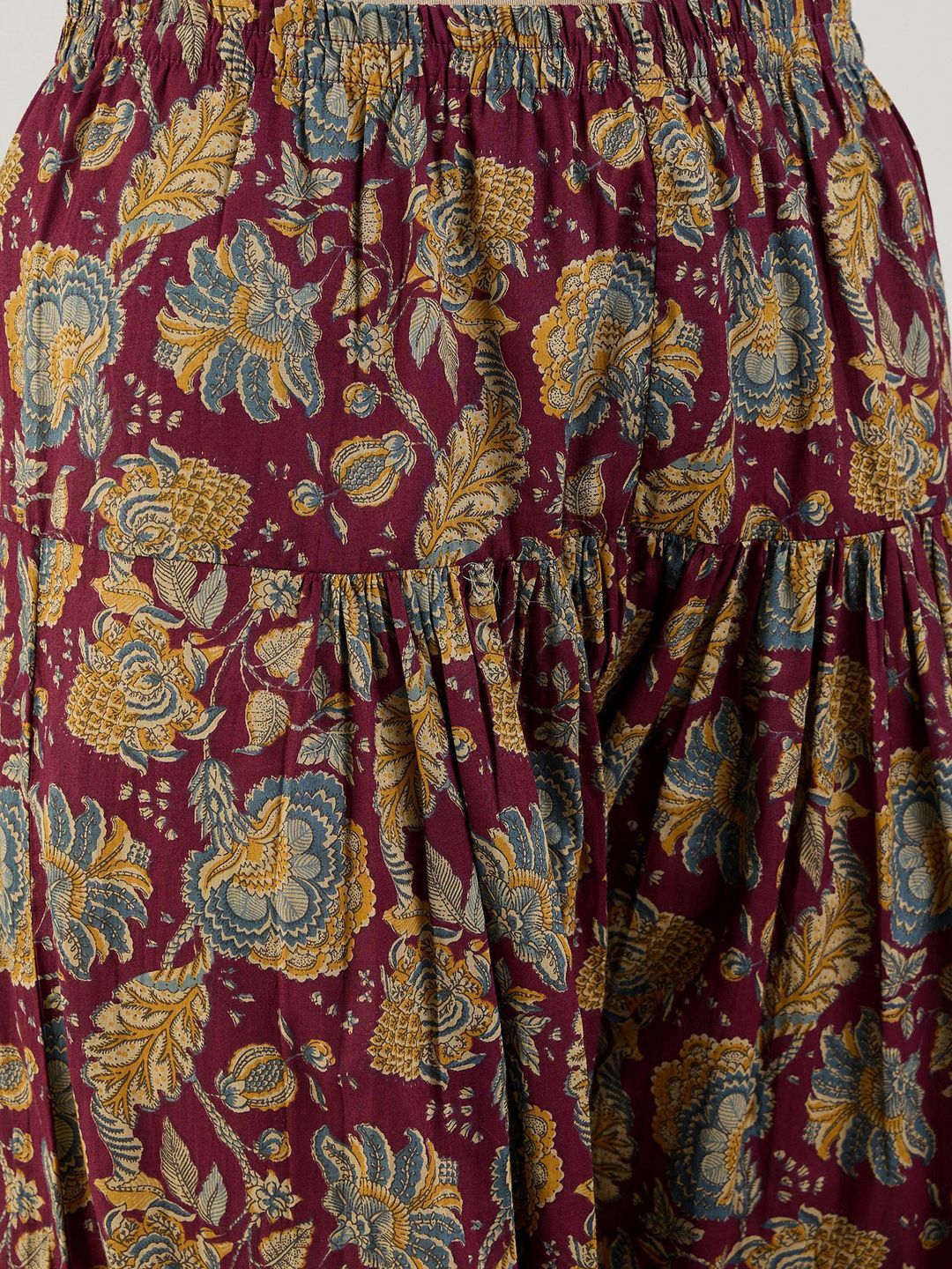 Burgundy Floral Printed Mandarin Collar Pure Cotton Kurta with Salwar & Dupatta 4
