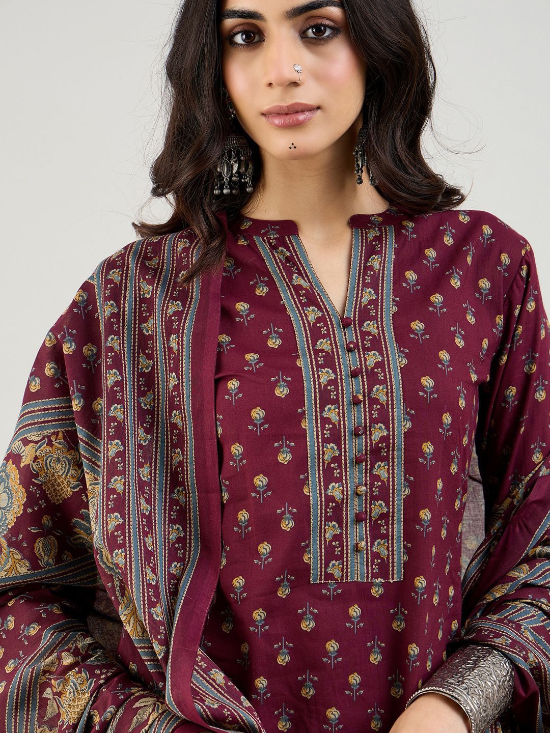 Burgundy Floral Printed Mandarin Collar Pure Cotton Kurta with Salwar & Dupatta