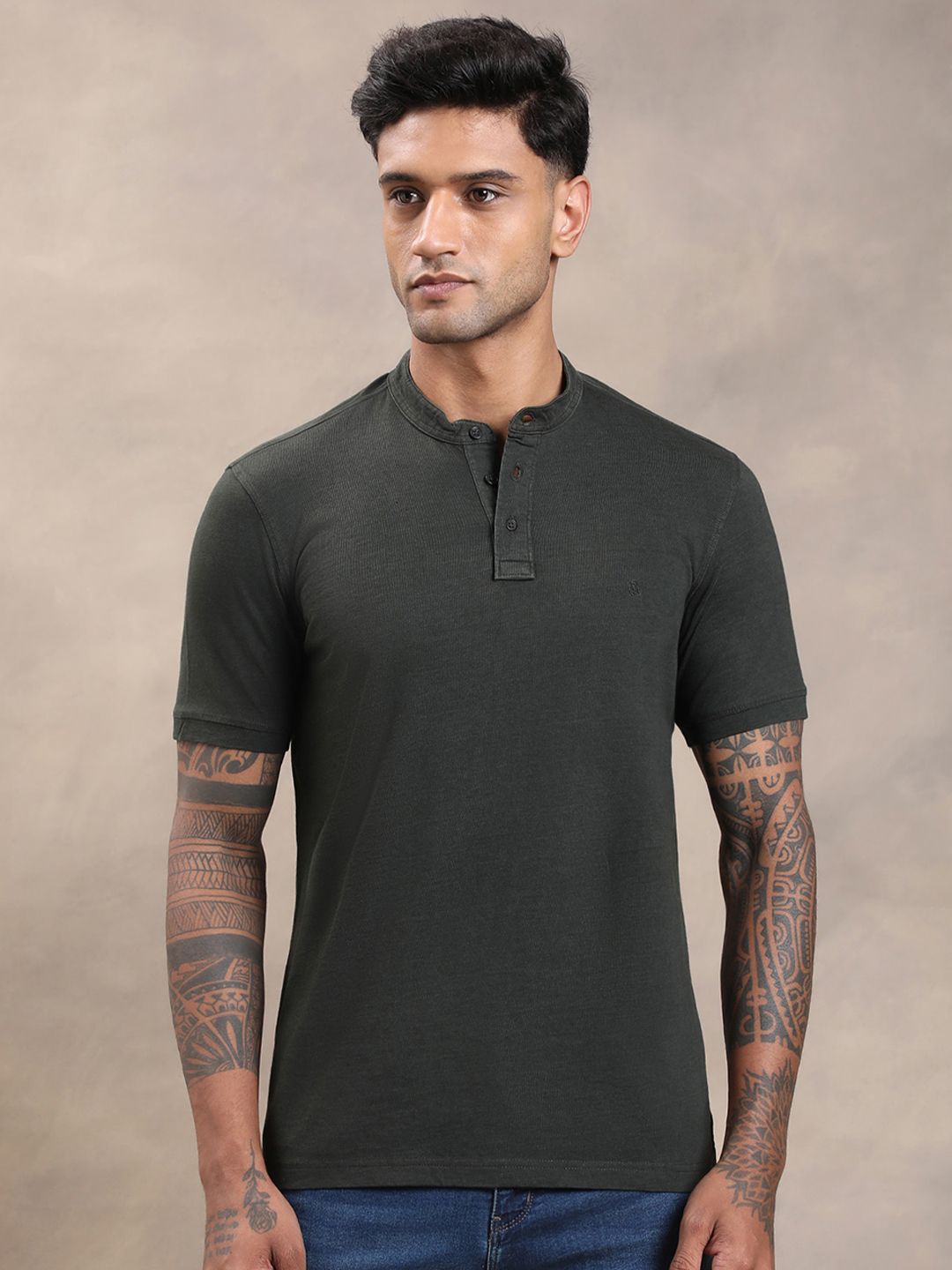 Turtle Men Solid Henley Neck Cotton Slim Fit T-shirt