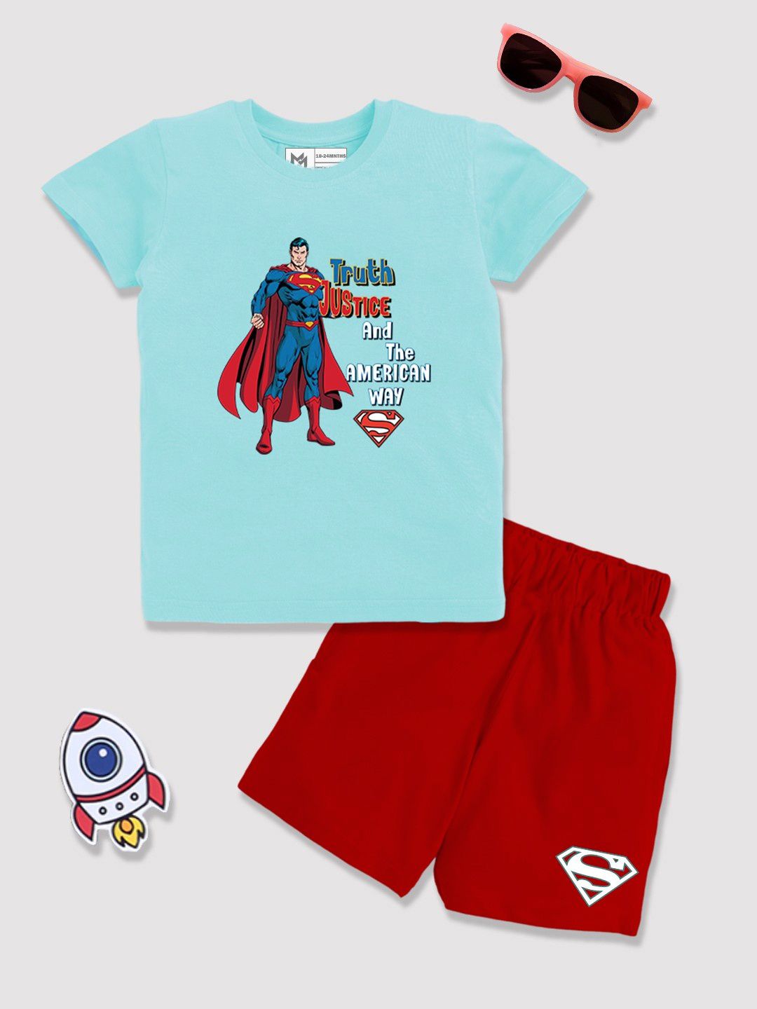 YK X Minute Mirth Infant Boys Superman Printed Pure Cotton T-shirt with Shorts