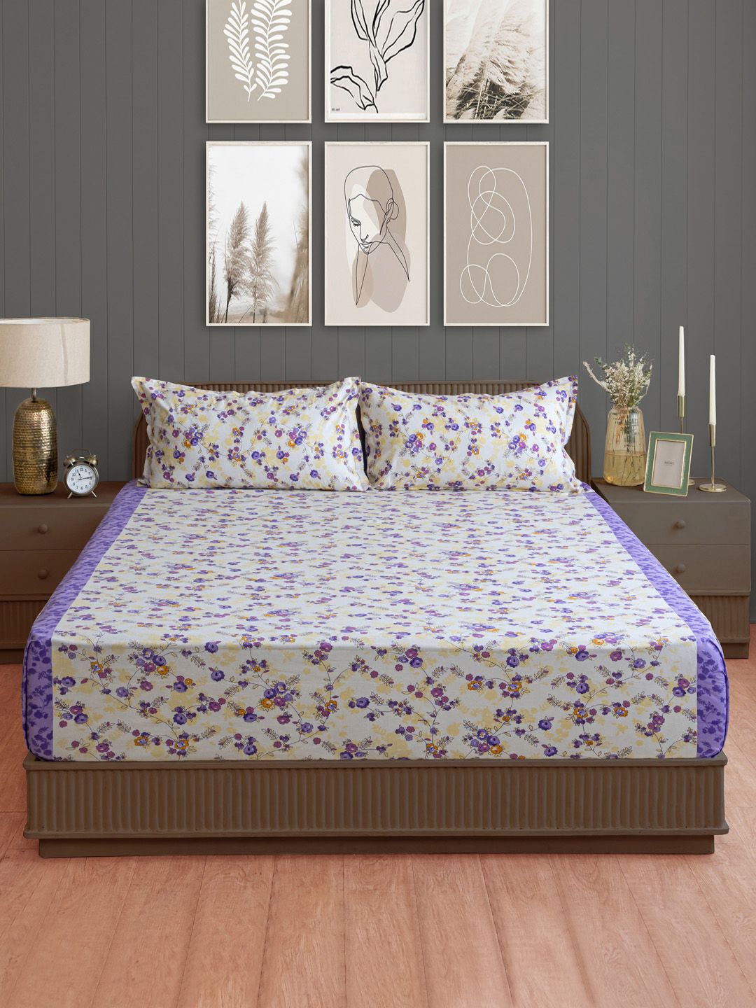 SWAYAM Purple Floral Cotton 160 TC Super King Bedsheet with 2 Pillow Covers-59 x 87 inches