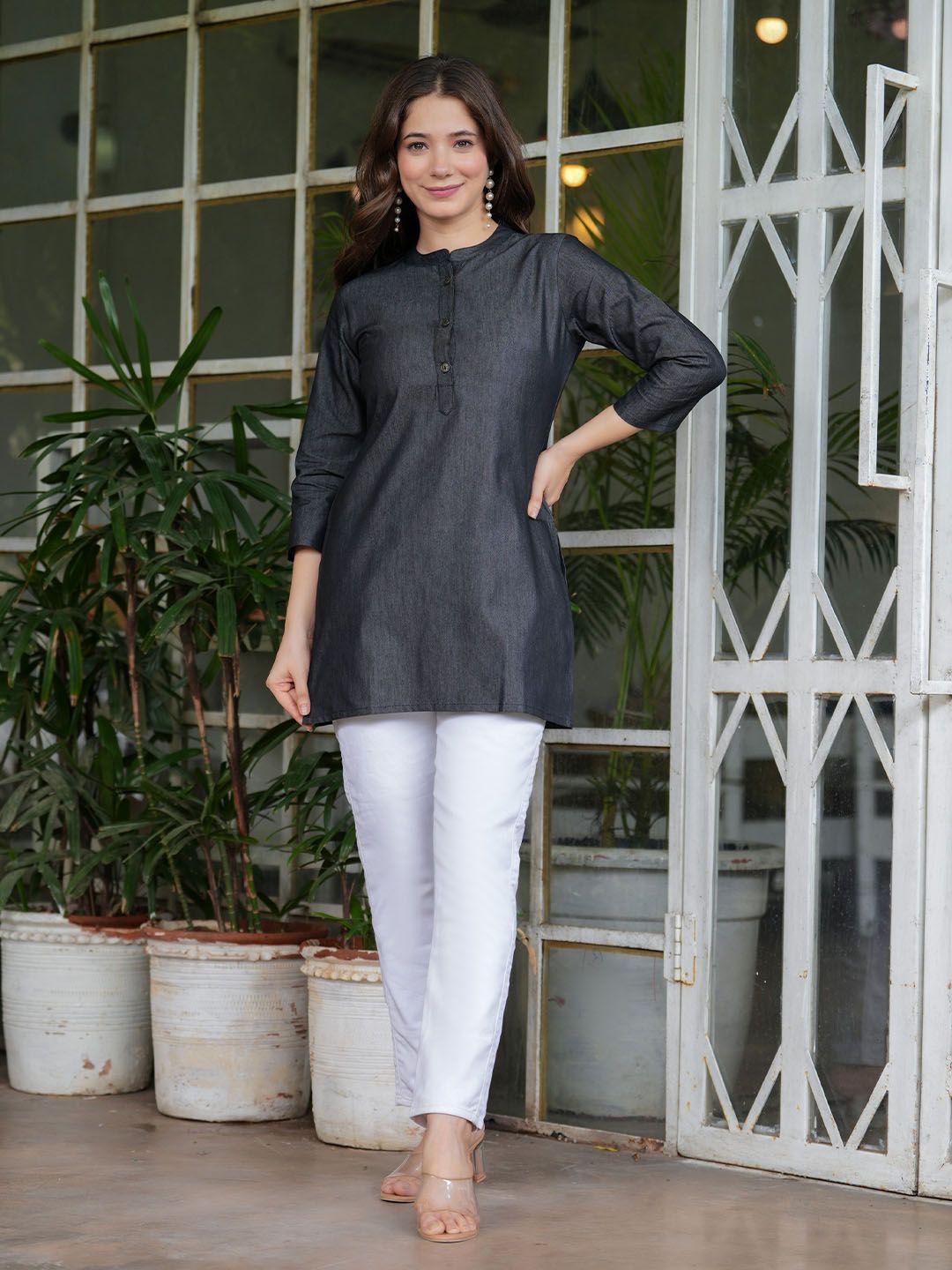 CELEBRAVO Women Mandarin Collar Cotton Denim Top