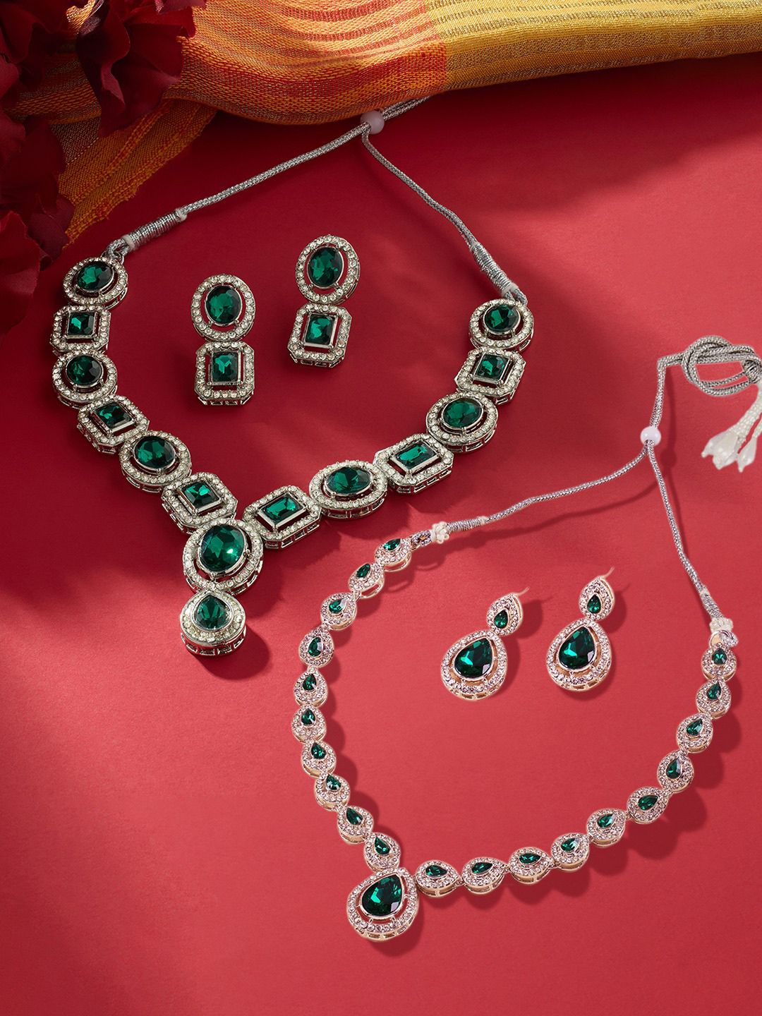 Buy Zaveri Pearls Set Of 2 Silver Plated Austrian Diamond Stone Studded Jewellery Set -  - Accessories for Women