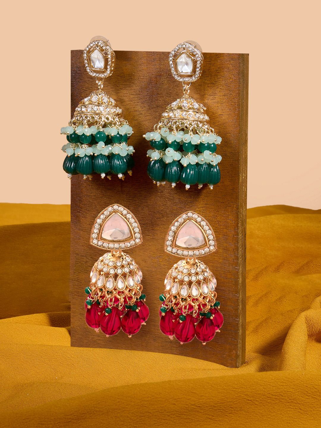 Buy Zaveri Pearls Set Of 2 Gold Plated Stones Studded & Cluster Beaded Dome Shaped Jhumkas -  - Accessories for Women