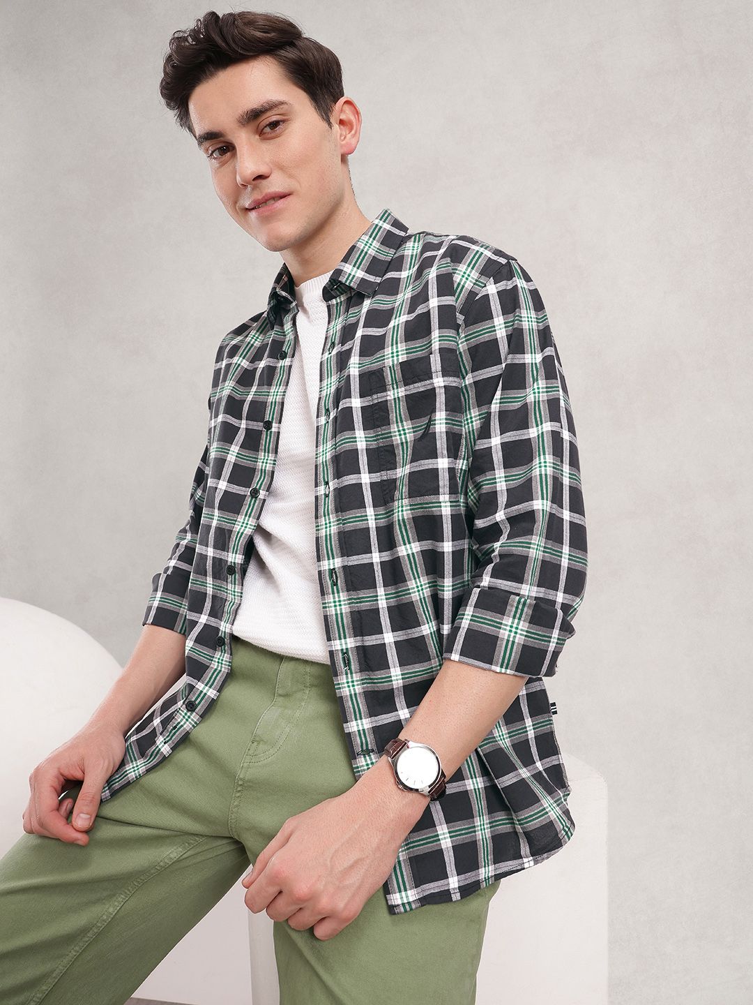 Nautica Pure Cotton Slim Fit Opaque Checked Casual Shirt