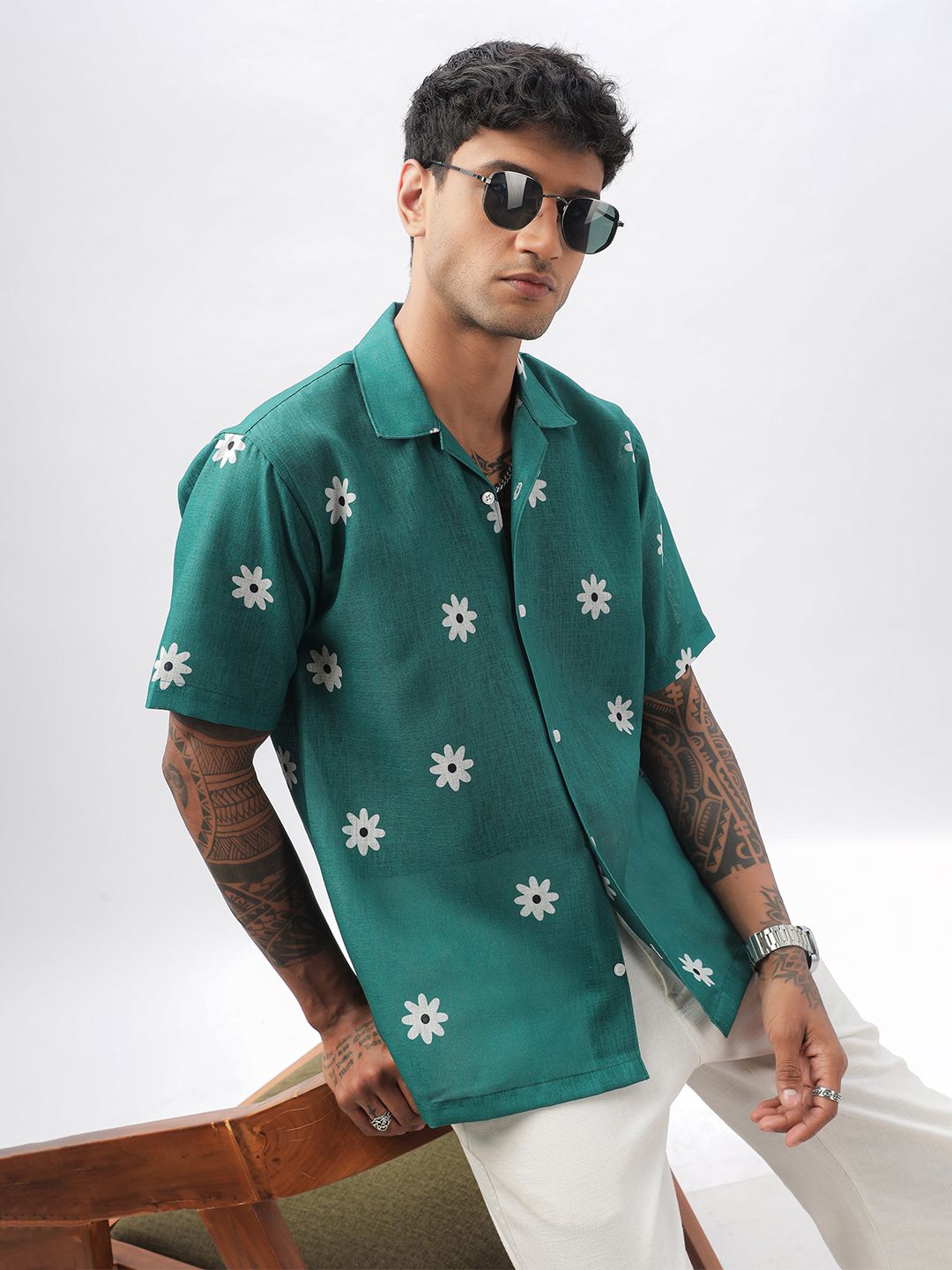 Vestirio Men Relaxed Cuban Collar Floral Printed Linen Blend Casual Shirt