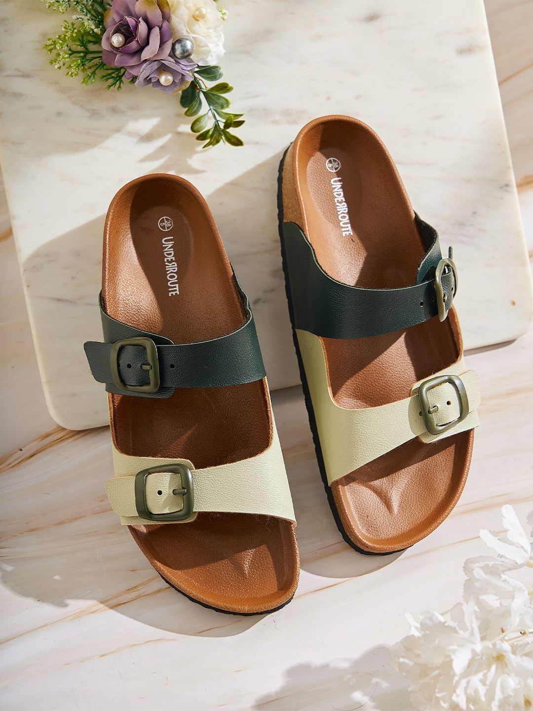UNDERROUTE Women Colourblocked Open Toe Flats with Buckles