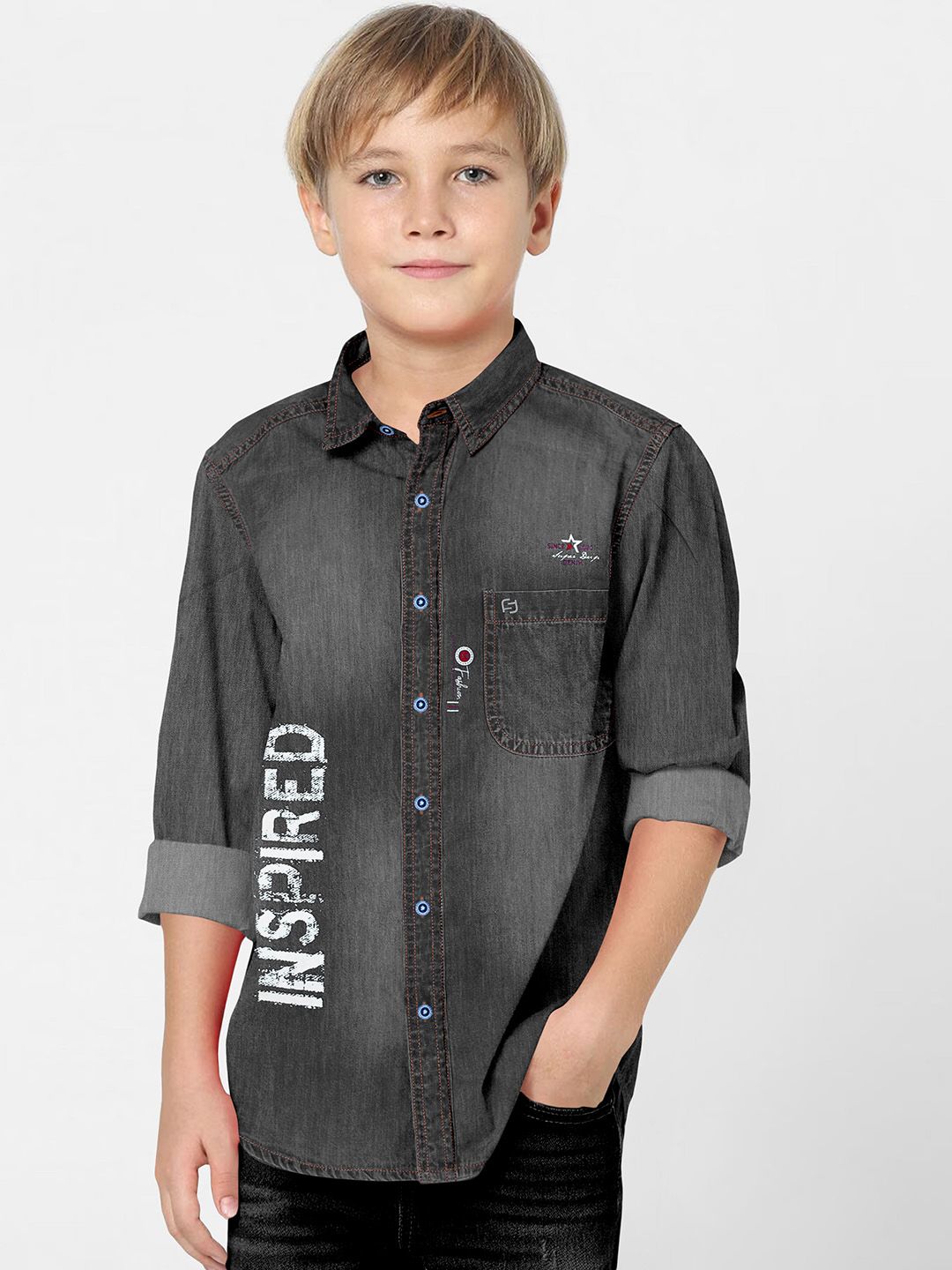 FABFARM Boys Classic Spread Collar Faded Denim Casual Shirt