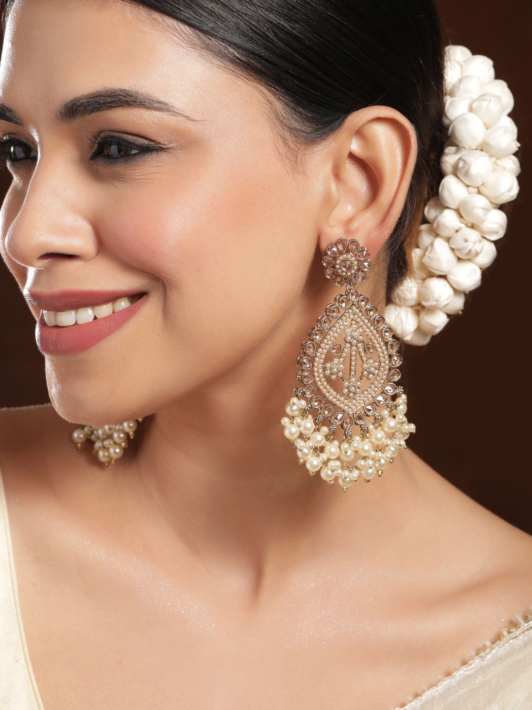 Rubans 18K Mehandi Gold-Plated Long Chandbali Earrings with Pearl Drops & Kundan Accents
