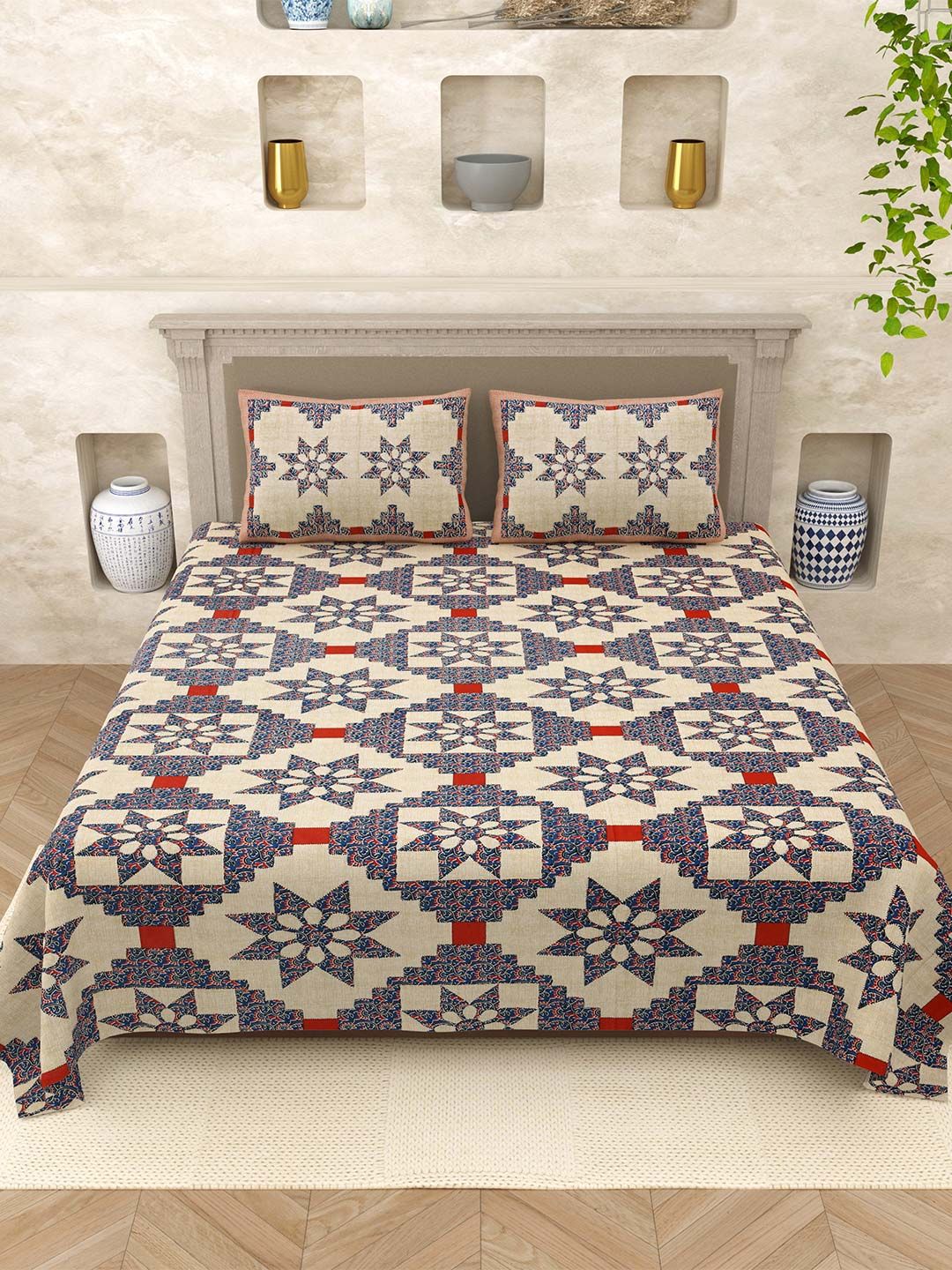 Varde Opulent Collection Orange Ethnic Motifs Cotton 210 TC King Fine Bedsheet with 2 Pillow Covers-98 x 106 inches