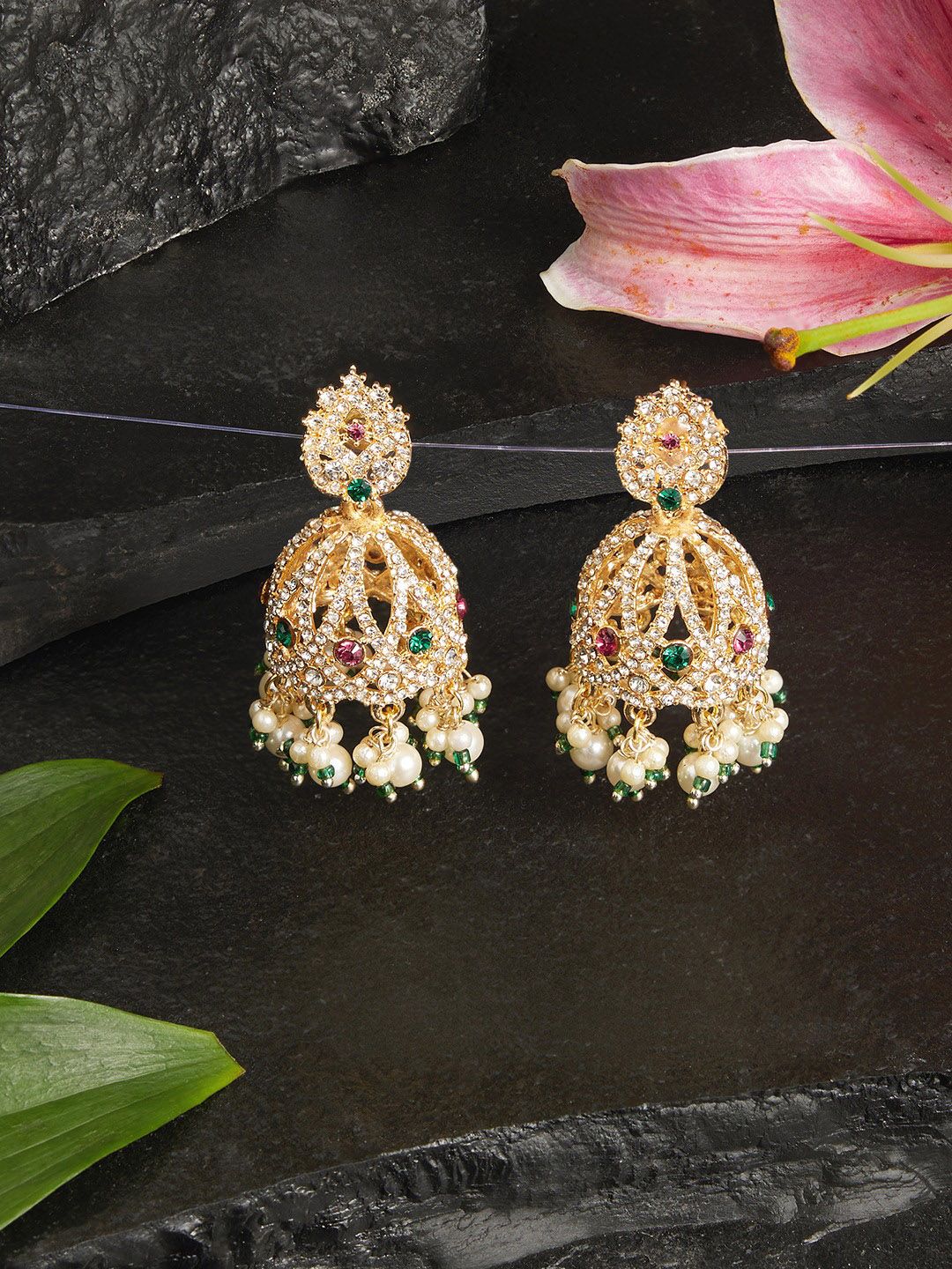 Buy Zaveri Pearls Gold Plated Dome Shaped Austrian Diamond Stone Studded & Beaded Jhumkas -  - Accessories for Women