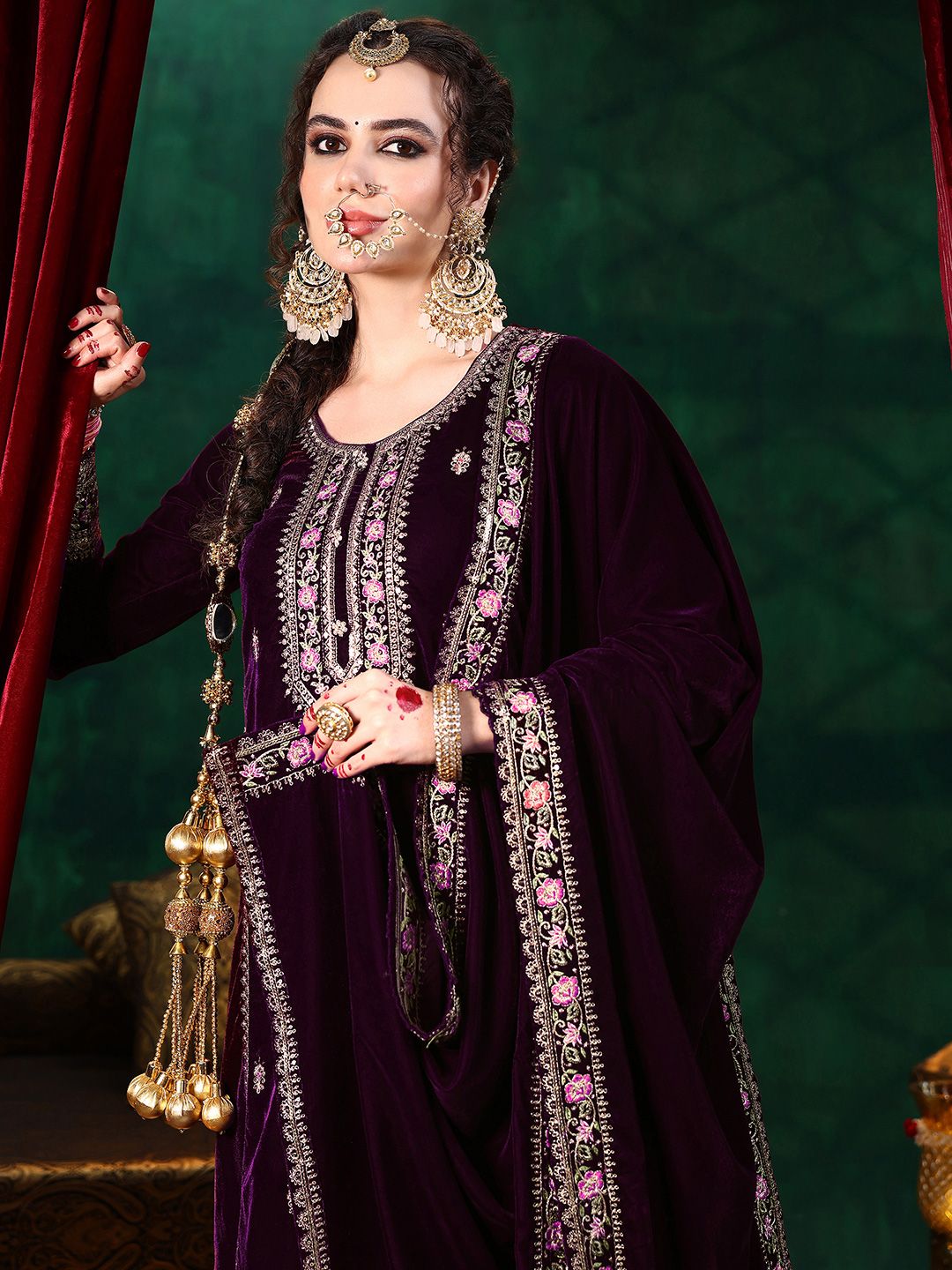 Libas Floral Embroidered Panelled Work Velvet Kurta With Trousers & Dupatta