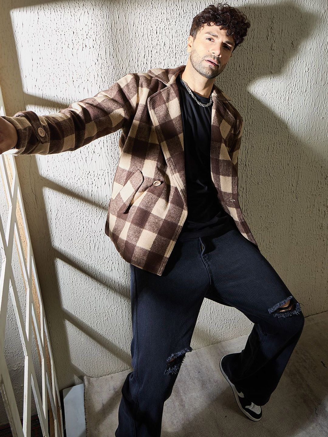FUGAZEE Checked Notched LapelDouble-Breasted Blazer - Oversized