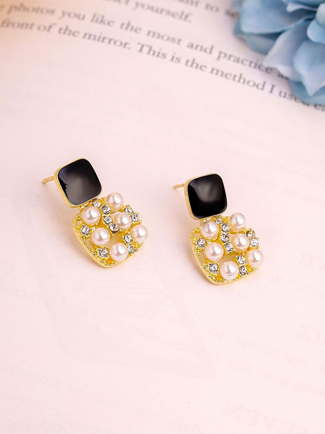 Yellow Chimes White Gold-Plated Beaded Contemporary Drop Pearl Earrings