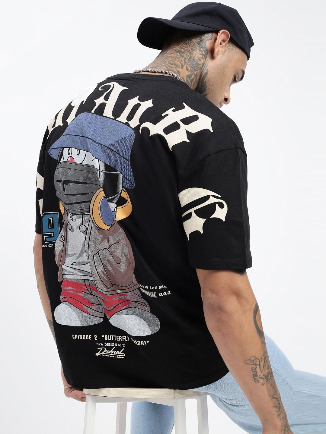 SHOWOFFFF Men Doraemon Graphic Printed Round Neck Cotton Relaxed Fit T-shirt