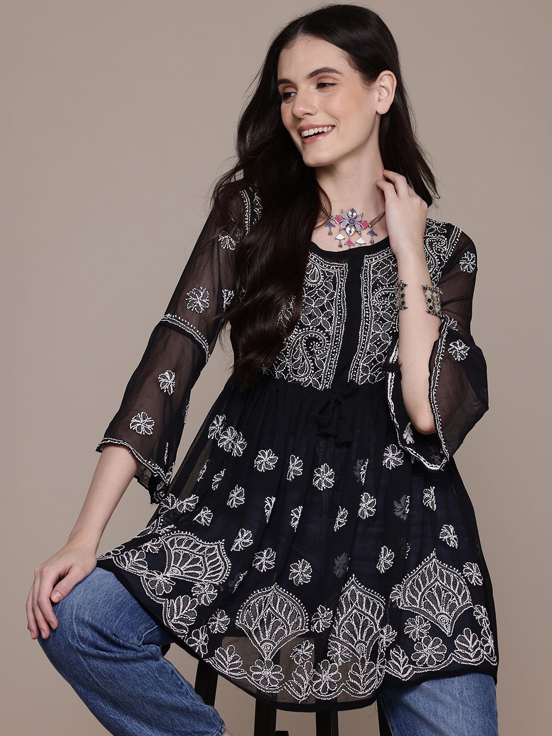 Aaina by Yashika Floral Embroidered Chikankari Pure Georgette Chikankari Pleated Kurti