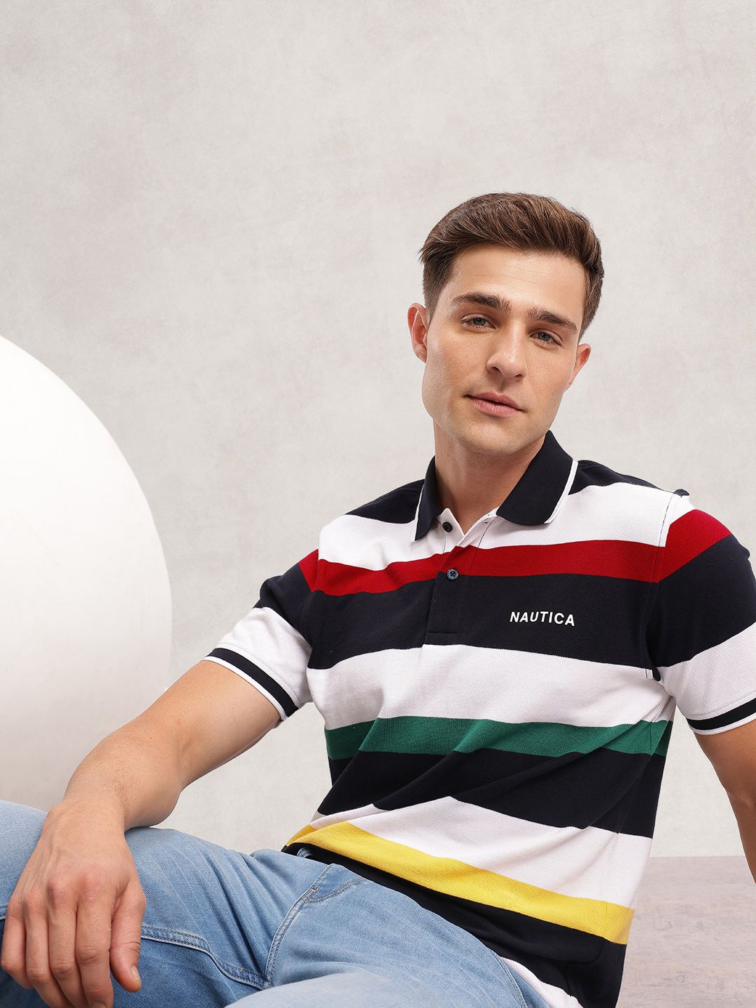 Nautica Striped Polo Collar Pure Cotton T-shirt
