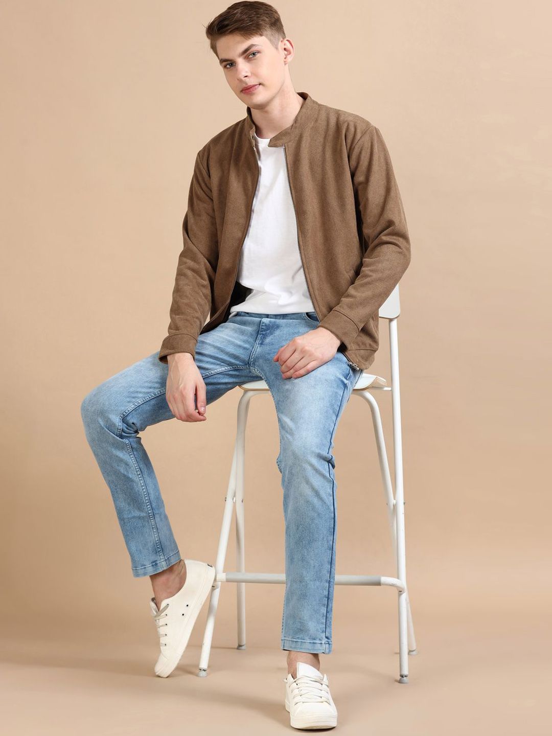 Bushirt Men Brown Mandarin Collar Solid Casual Bomber Jacket