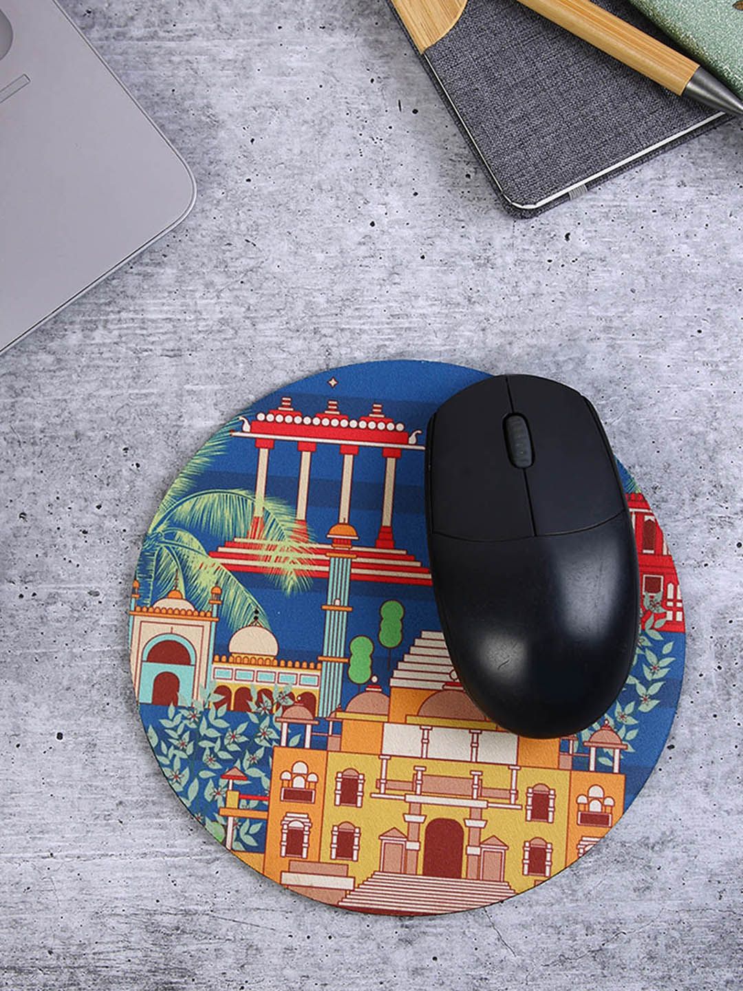 PENTADECO Navy Blue & Red Tropical Printed Round Mouse Pad