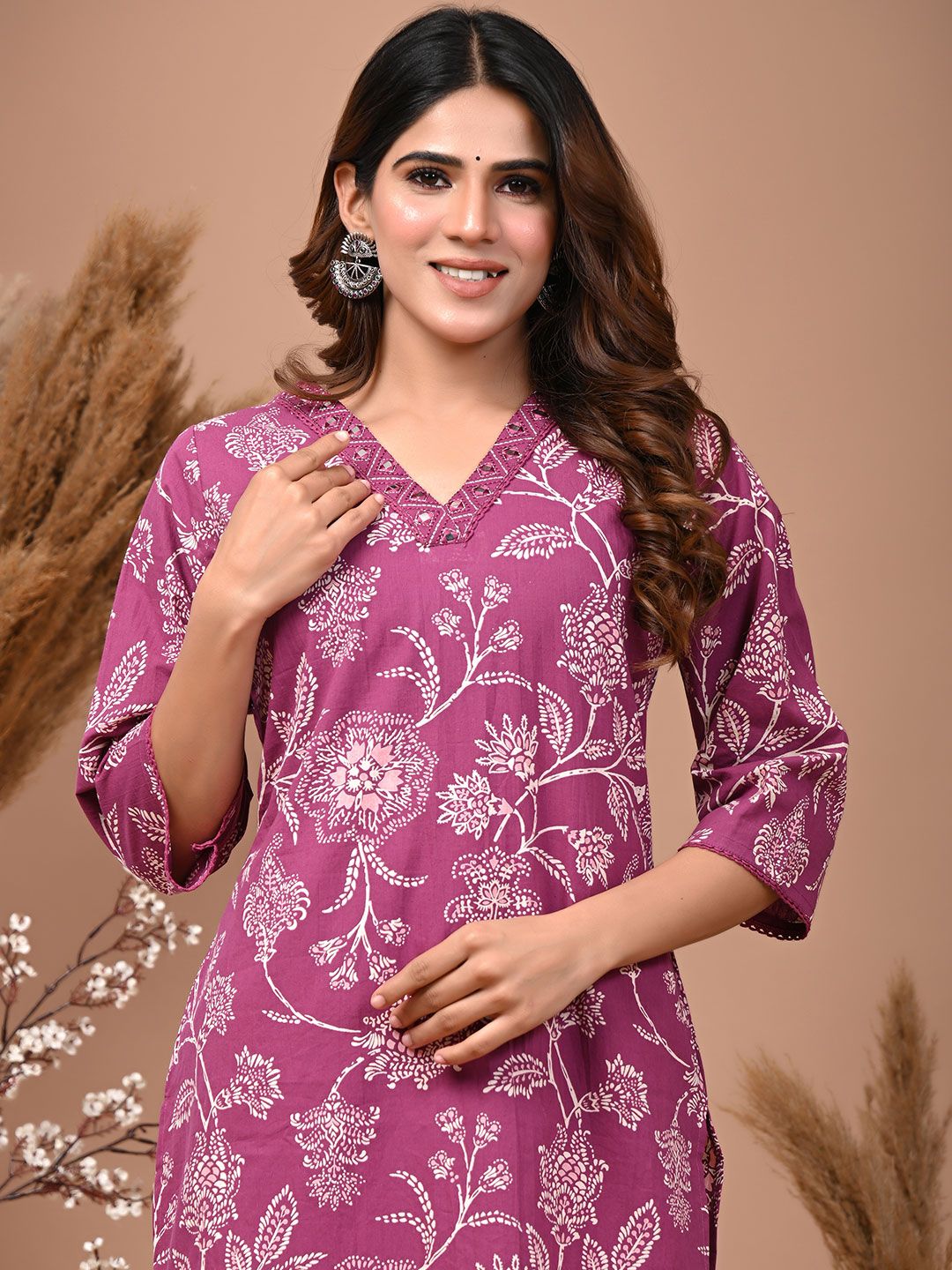 Rimeline Floral Printed V-Neck Three-Quarter Sleeves Mirror Work Pure Cotton Kurta