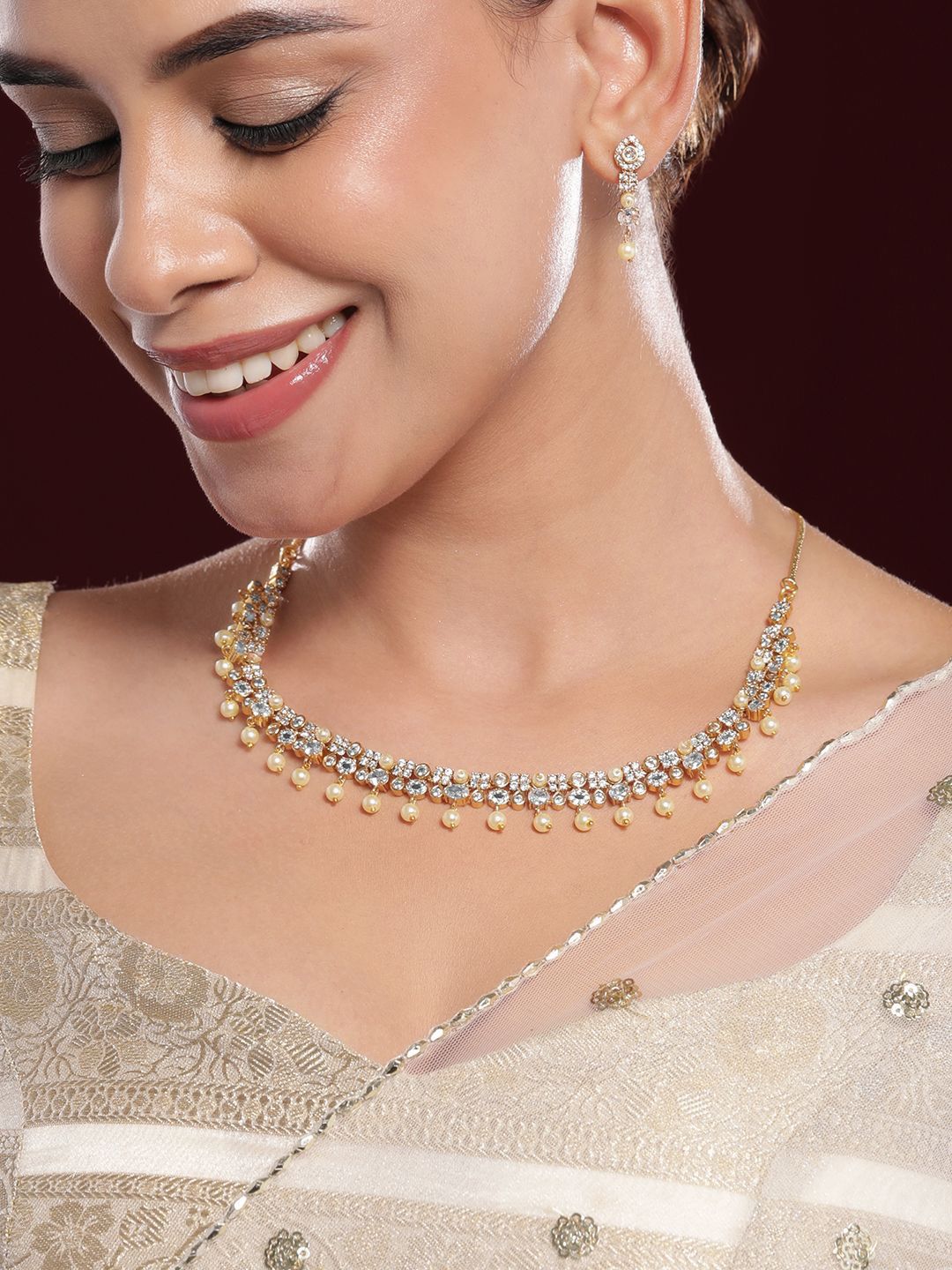 Rubans 22K Gold-Plated Pearl Beads & White Cubic Zirconia Handcrafted Necklace Set