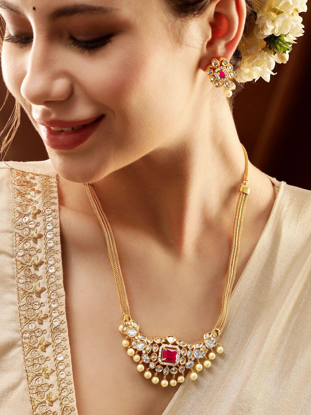 Rubans 22K Gold-Plated Ruby & Cubic Zirconia Studded Necklace Set with Pearl Accents