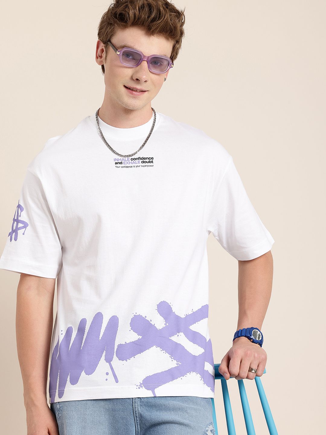 HERE&NOW Oversized Fit Typography Printed Pure Cotton T-shirt