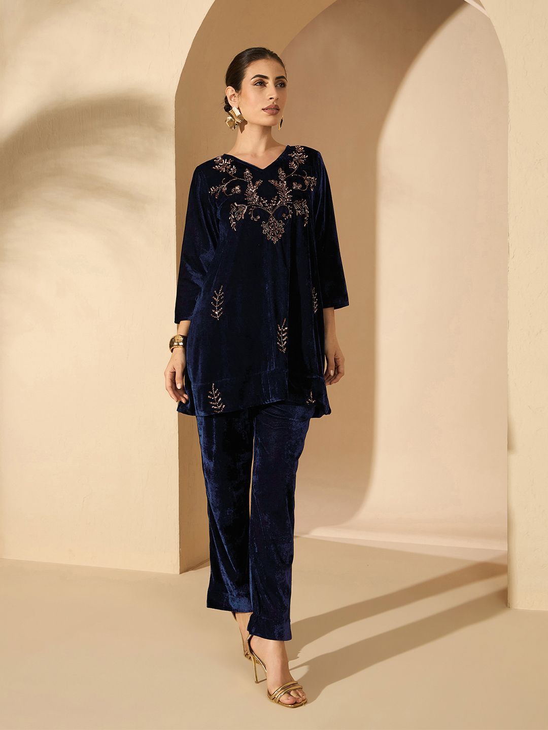 Buy Antheaa Velvet Embellished V Neck Tunic With Trousers -  - Apparel for Women