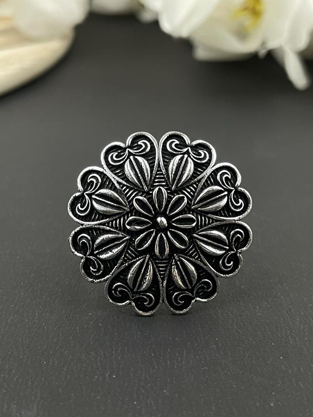 NAMAN ARTS Silver-Plated Oxidised Adjustable Finger Ring