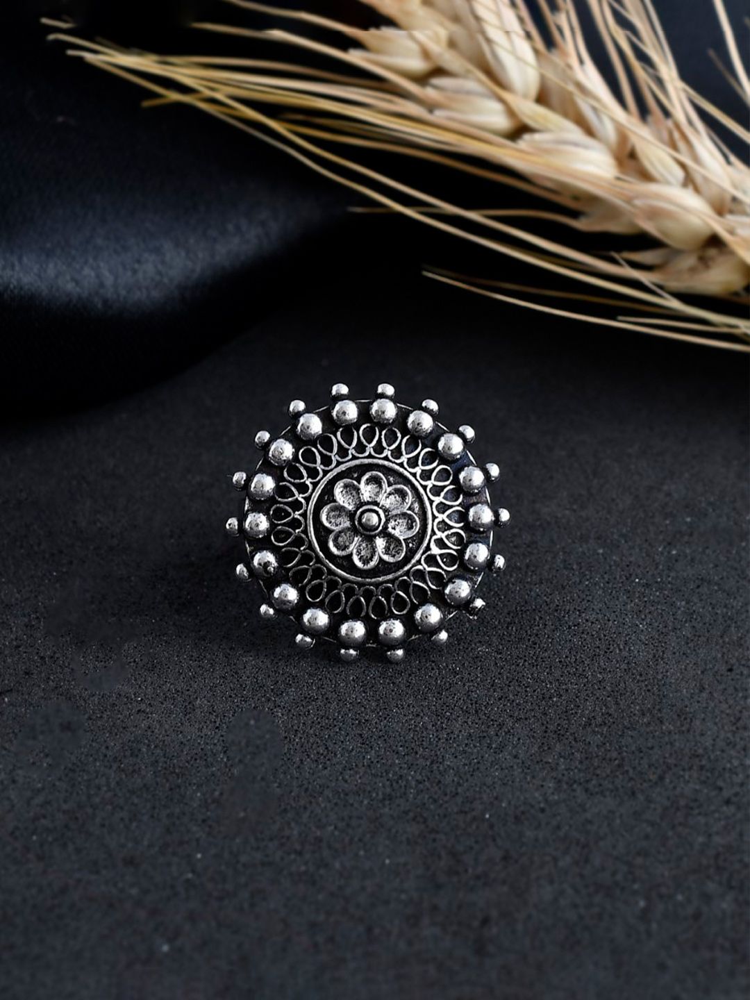 NAMAN ARTS Silver-Plated Oxidised Adjustable Finger Ring