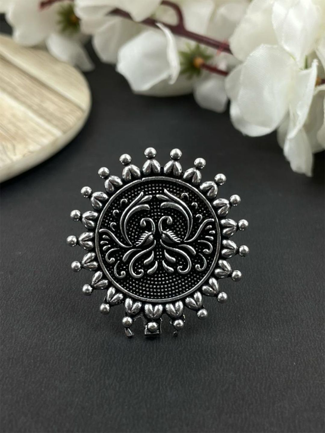 NAMAN ARTS Silver-Plated Oxidised Adjustable Finger Ring