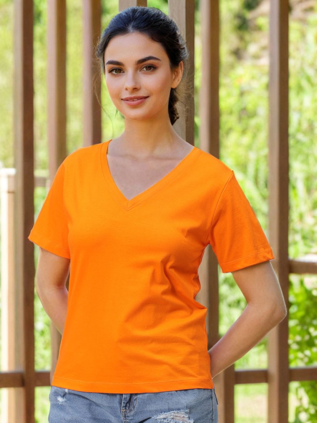 Freehand by The Indian Garage Co Women V-Neck Raw Edge T-shirt