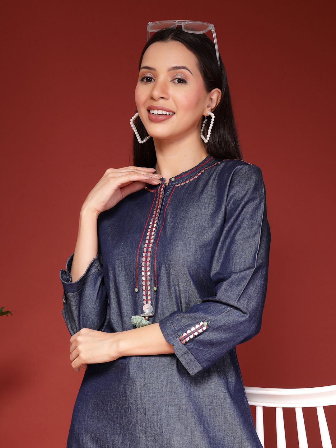 Nayam By Lakshita Printed Geometric Yoke Design Mirror Work Denim Straight Kurta