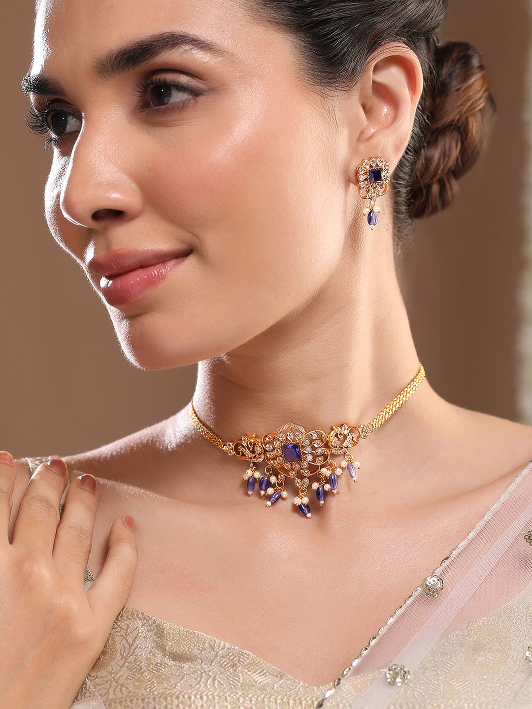 Rubans 22K Gold Plated Blue Stone & Cubic Zirconia Studded Blue & Pearl Beads Choker Set