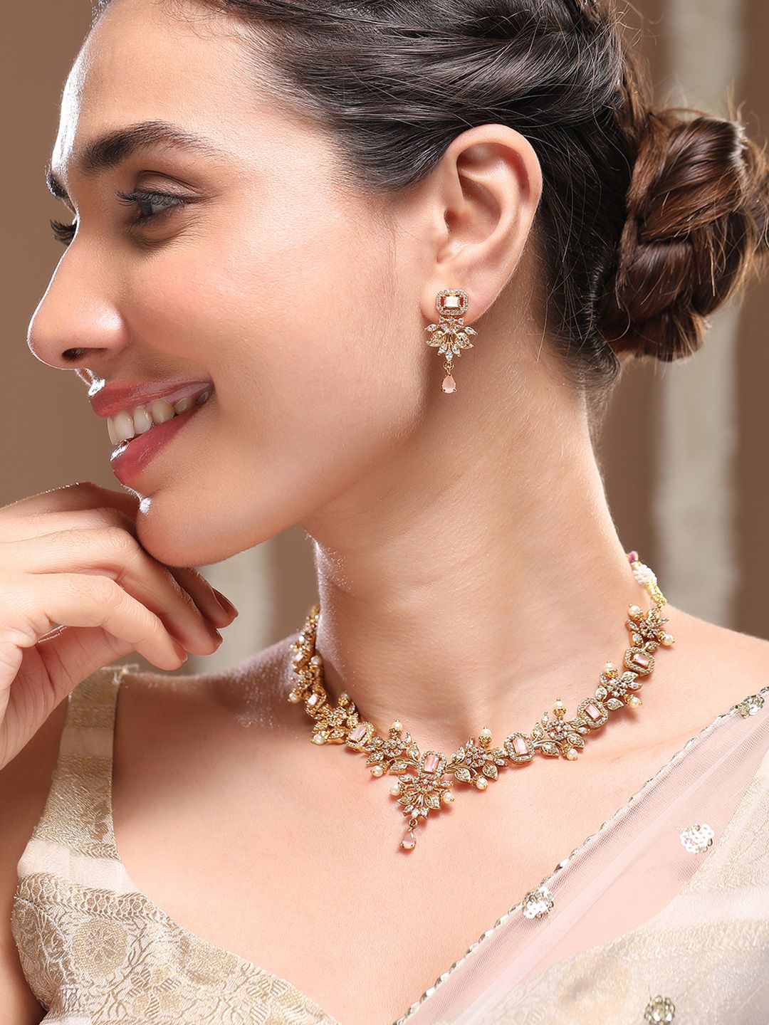 Rubans 22K Gold Plated Pink Stone & Cubic Zirconia Floral Necklace Set with Pearl Drops
