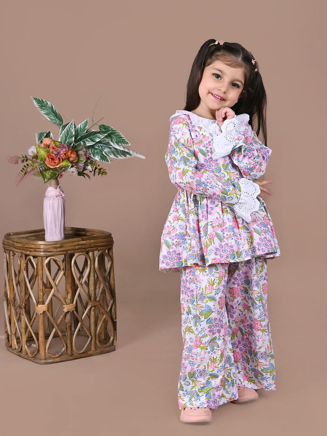 Nature Nook Kids Girls Printed Peter Pan Collar Top With Trousers