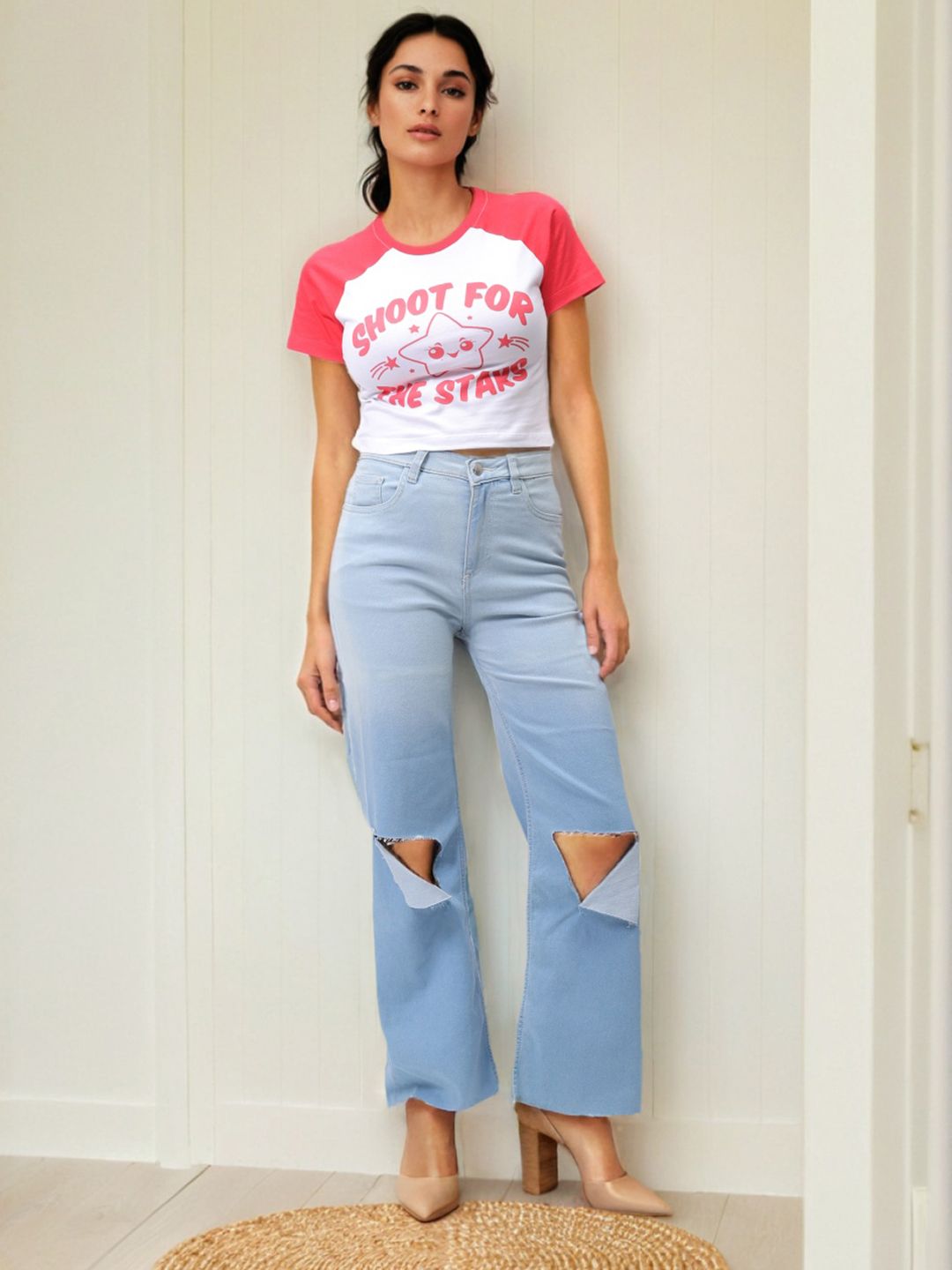 Freehand by The Indian Garage Co Women Typography Printed Applique Slim Fit T-shirt