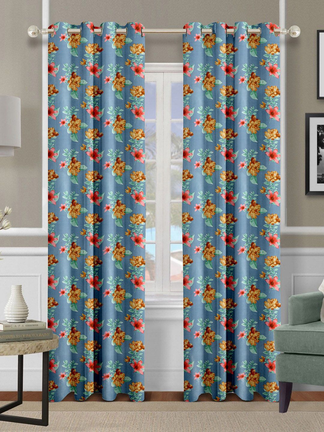 Buy Aura Blue Set Of 2 Ethnic Motifs Long Door Curtain -  - Home for Unisex