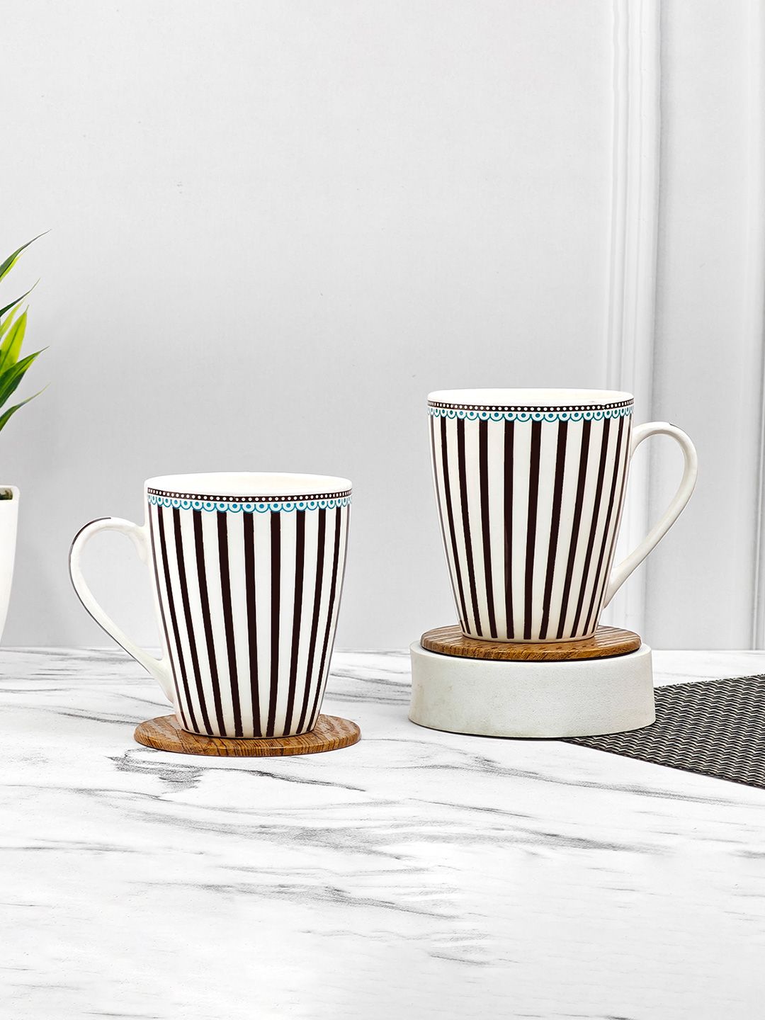 UPC Oxford White Striped Ceramic Microwave Safe 2 Piece Mugs-300ml
